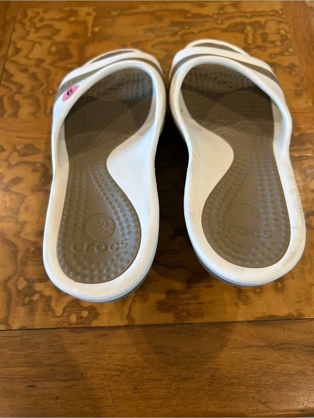 CROCS Women's White Slide Sandals with Taupe Stripe